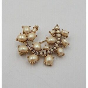 Monet Faux Pearl Round and Cabochon Crescent Goldtone Brooch Pin Vintage Signed